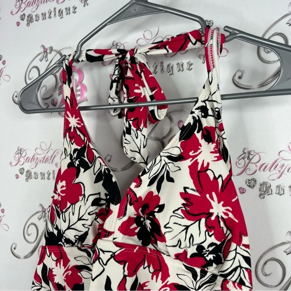 Catalina tankini top beach swim Floral Halter Neck Tank Top - Red and Black